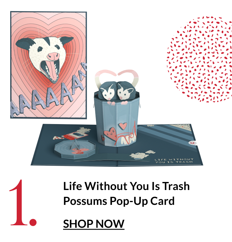 Possum-themed Valentine pop-up card with humorous message