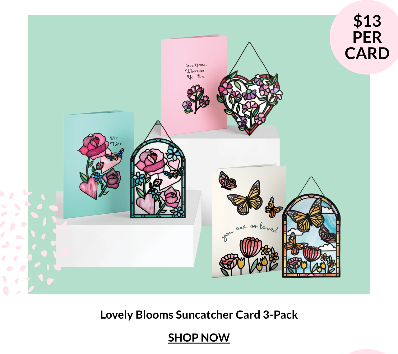 Lovely Blooms suncatcher style Valentine’s Day card pack
