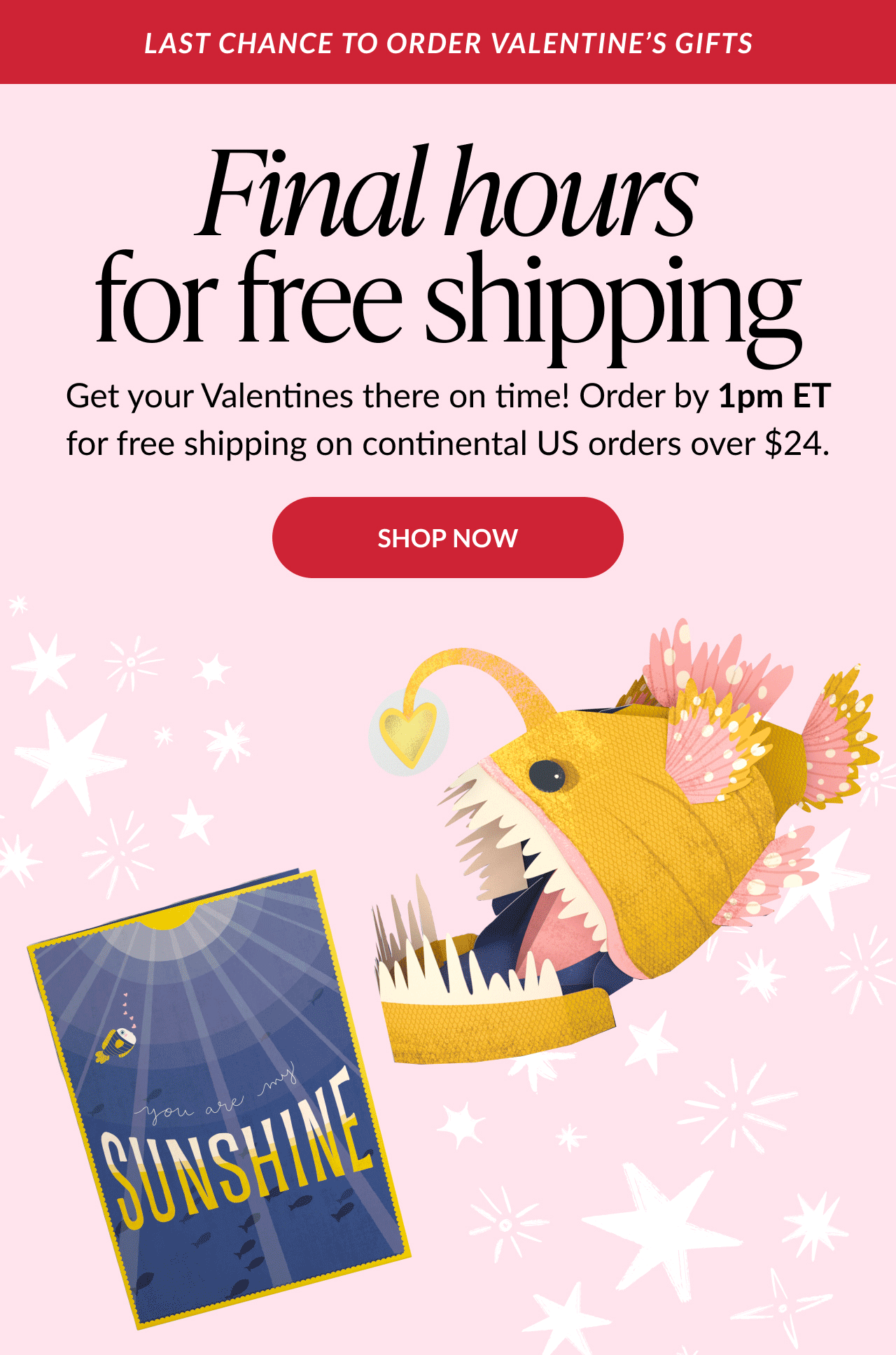 Final hours free shipping reminder with pink background, order by 1pm ET message, red shop now button, and illustrated anglerfish pop-up card and sunshine greeting card.