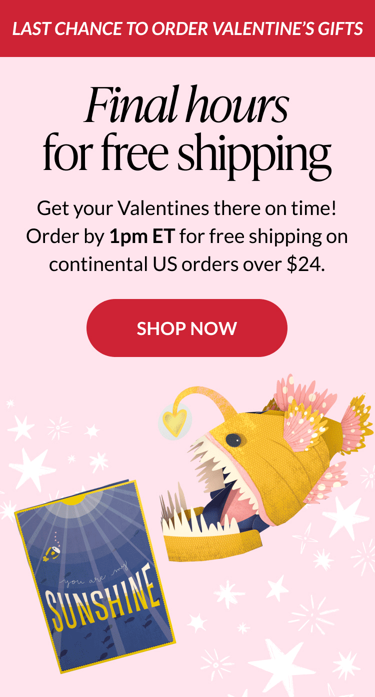 Final hours free shipping reminder with pink background, order by 1pm ET message, red shop now button, and illustrated anglerfish pop-up card and sunshine greeting card.