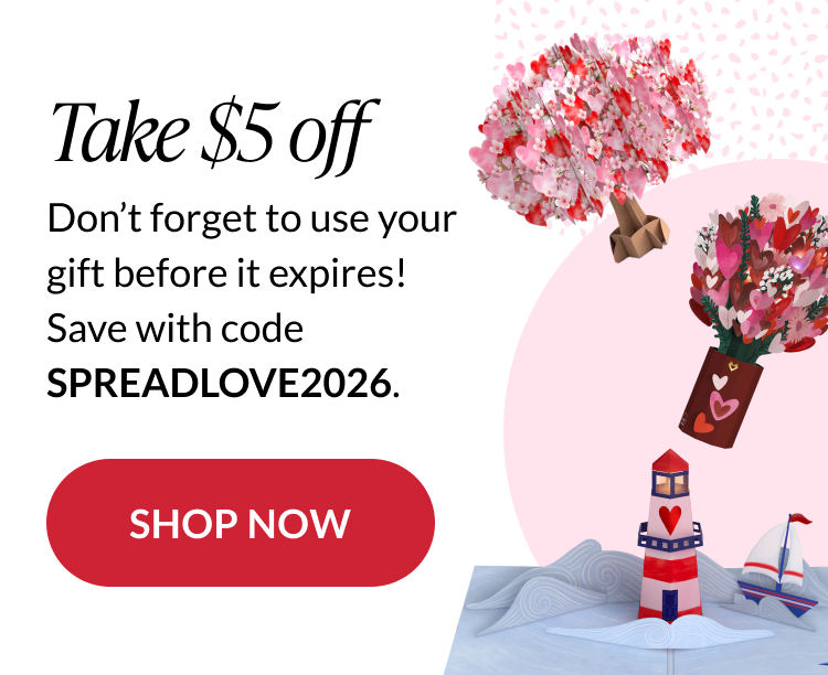 Valentine’s Day offer graphic with bouquets and a lighthouse, promoting $5 off orders with code SPREADLOVE2026 and a “Shop Now” button