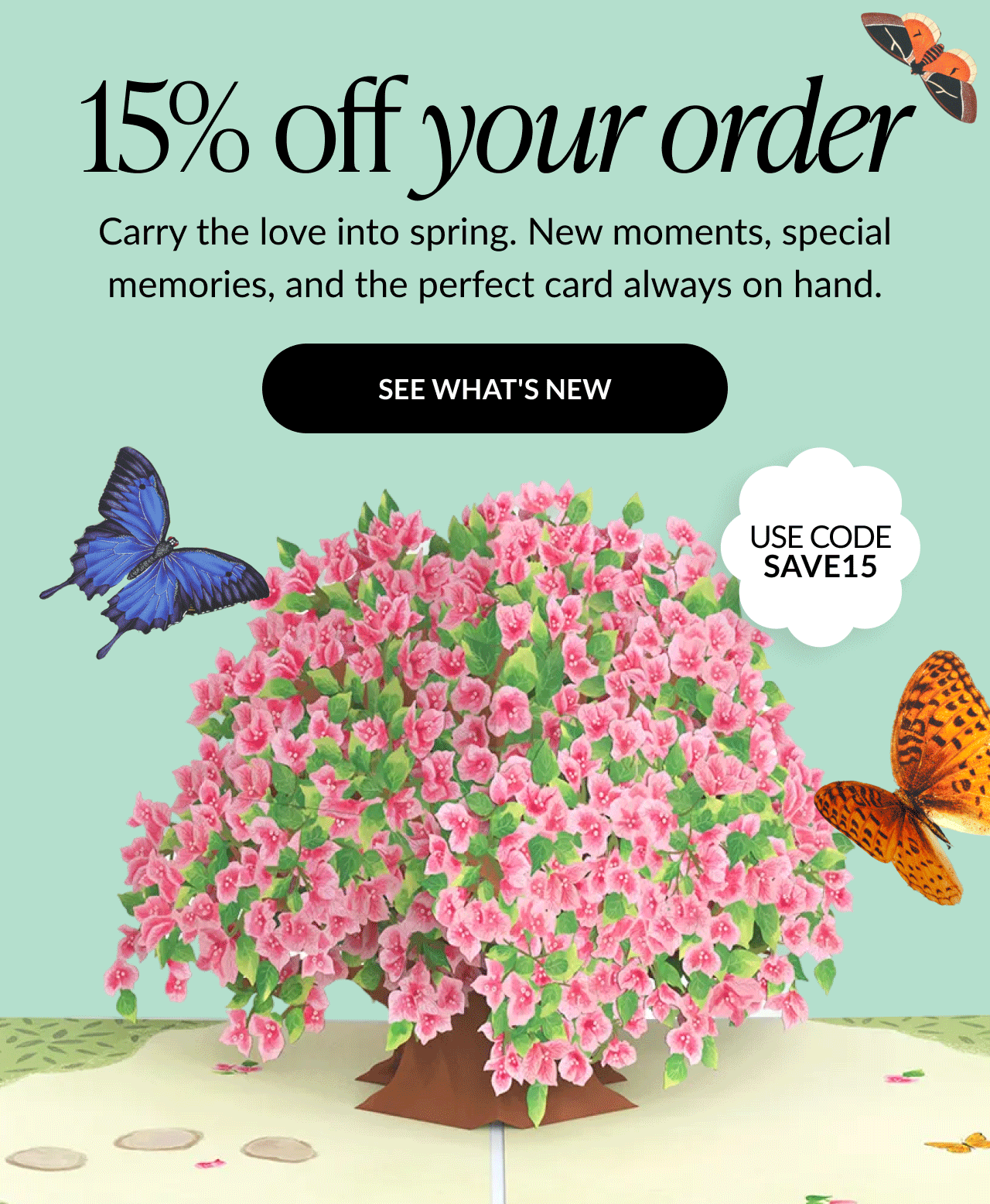 Floral spring pop-up greeting card with butterfly details