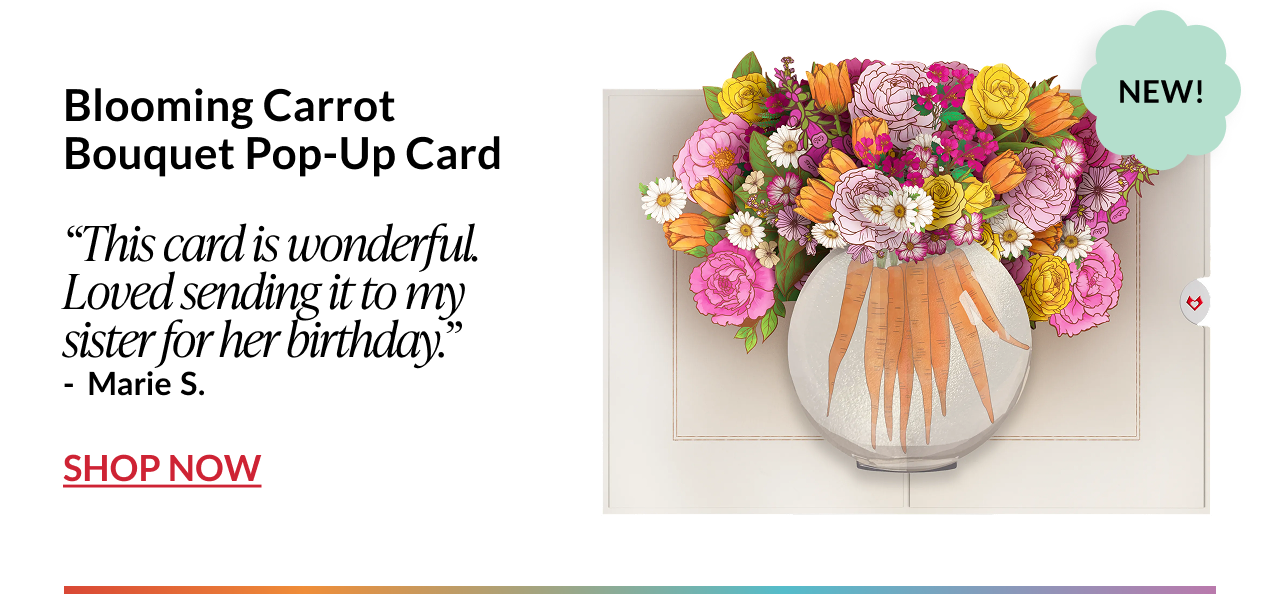 Blooming carrot bouquet pop-up card with spring flowers