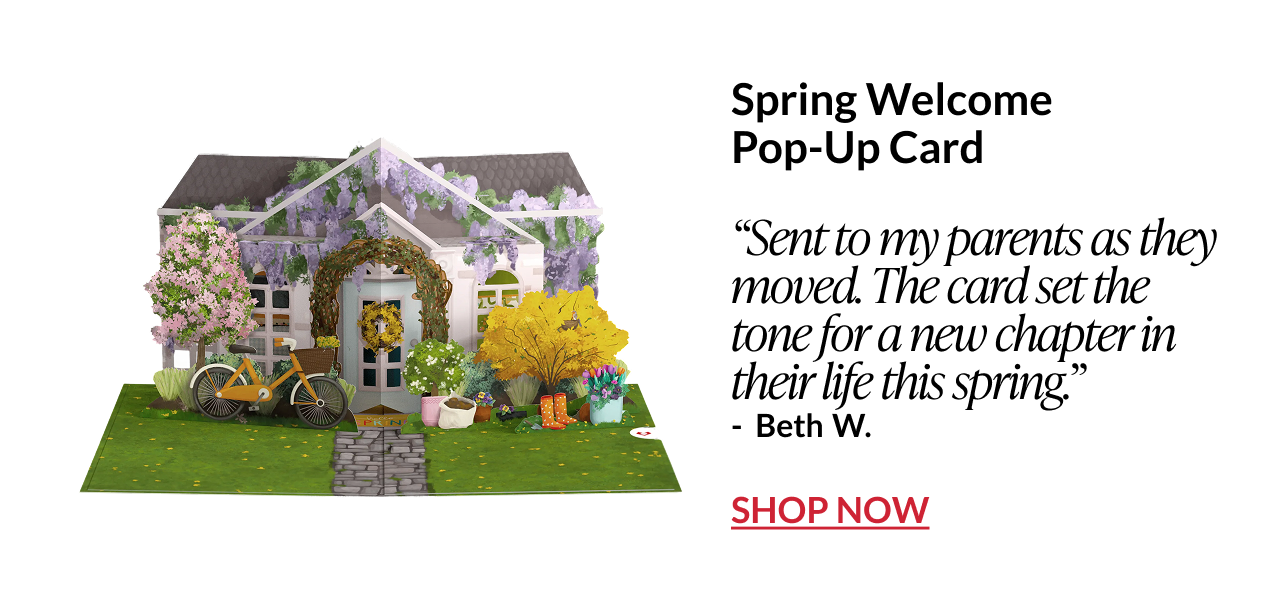 Spring welcome pop-up card with bright floral illustration