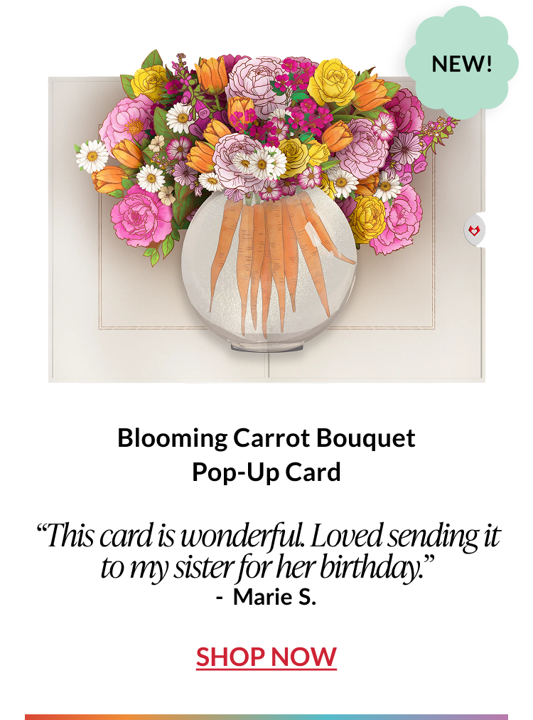 Blooming carrot bouquet pop-up card with spring flowers