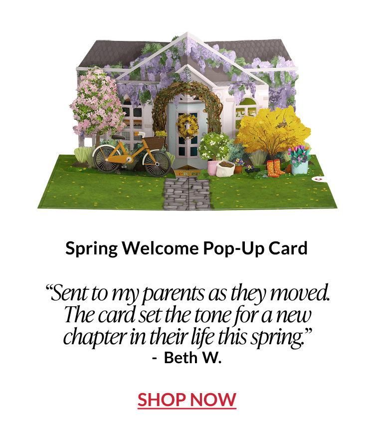 Spring welcome pop-up card with bright floral illustration
