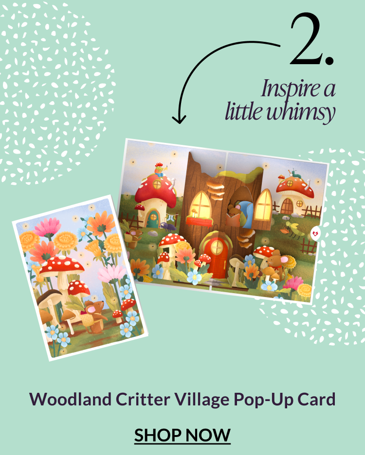 Woodland Critter Village pop-up greeting card design