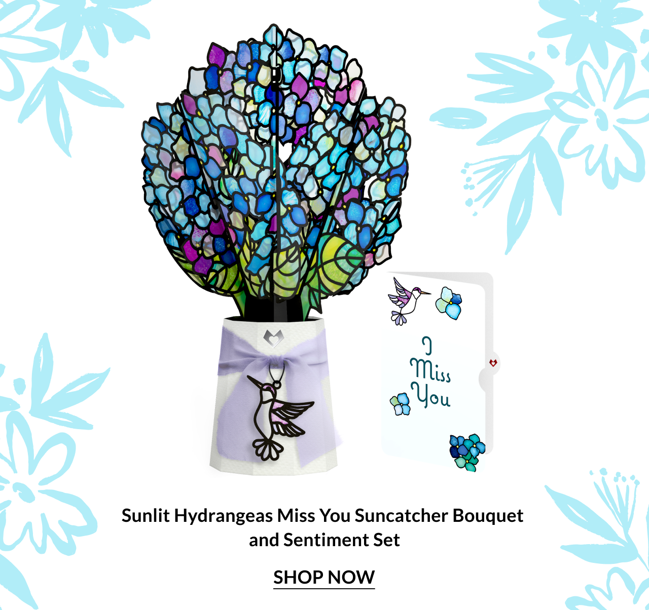 Hydrangea bouquet suncatcher card with sentiment