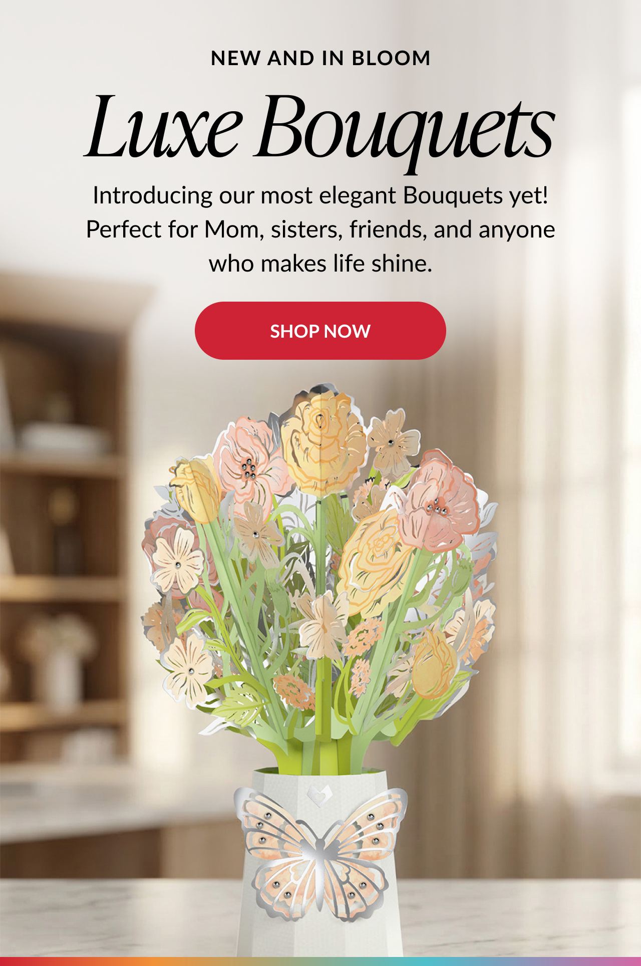 Luxe Bouquets lifestyle hero featuring Gilded Daffodil and Opulent Rose