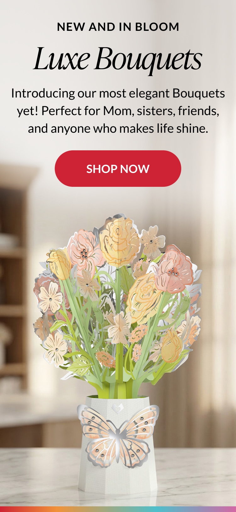 Luxe Bouquets lifestyle hero featuring Gilded Daffodil and Opulent Rose