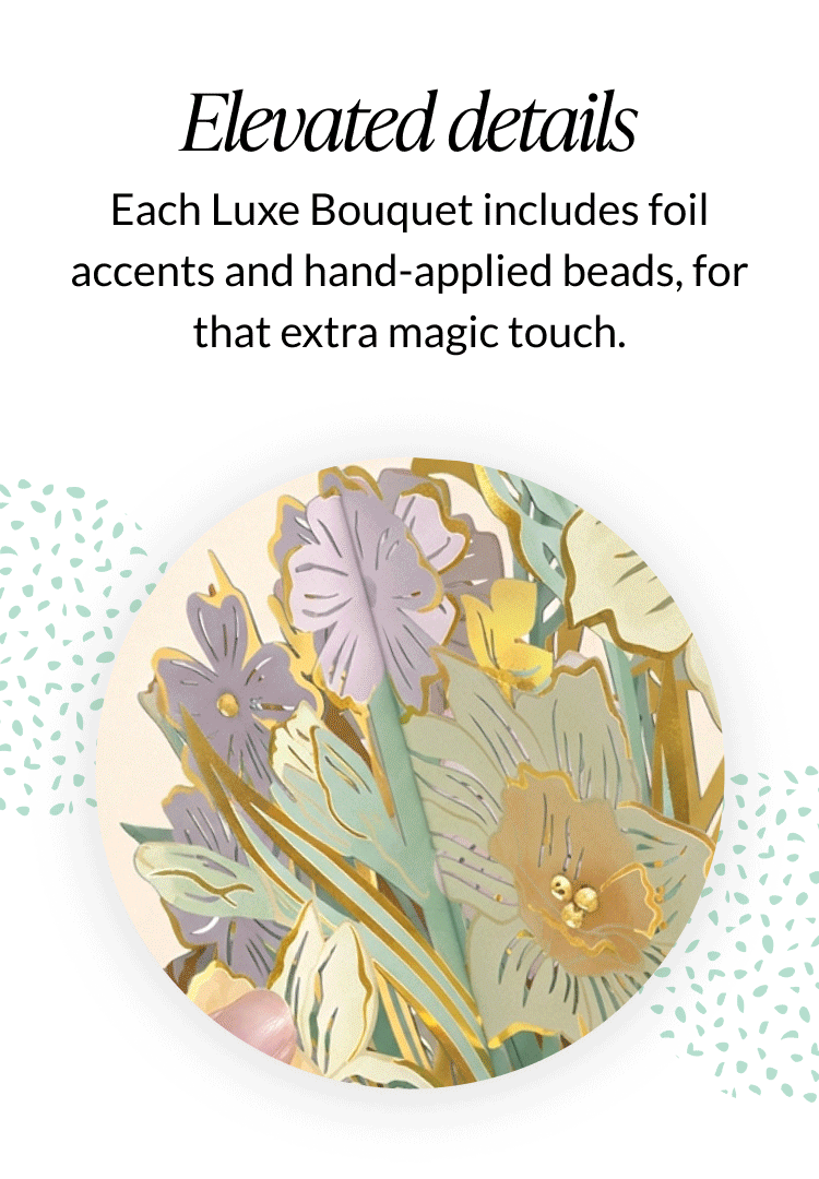 Animated close-up of Luxe Bouquet foil and embellishment details