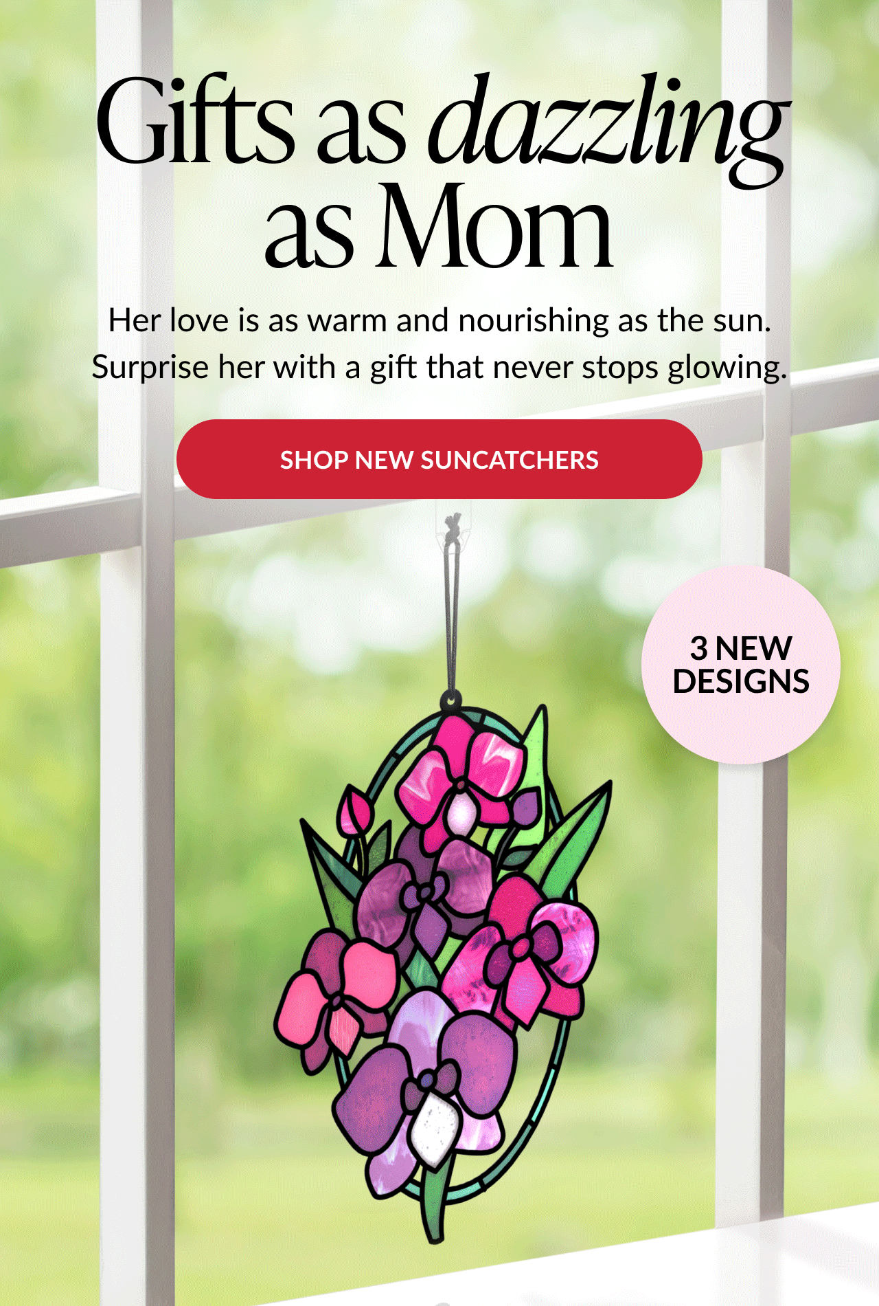 Hero suncatcher card hanging in window with floral design