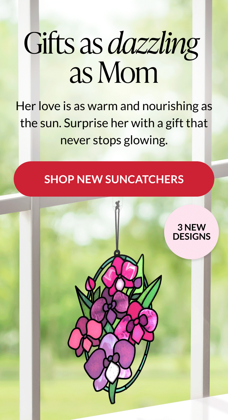 Hero suncatcher card hanging in window with floral design