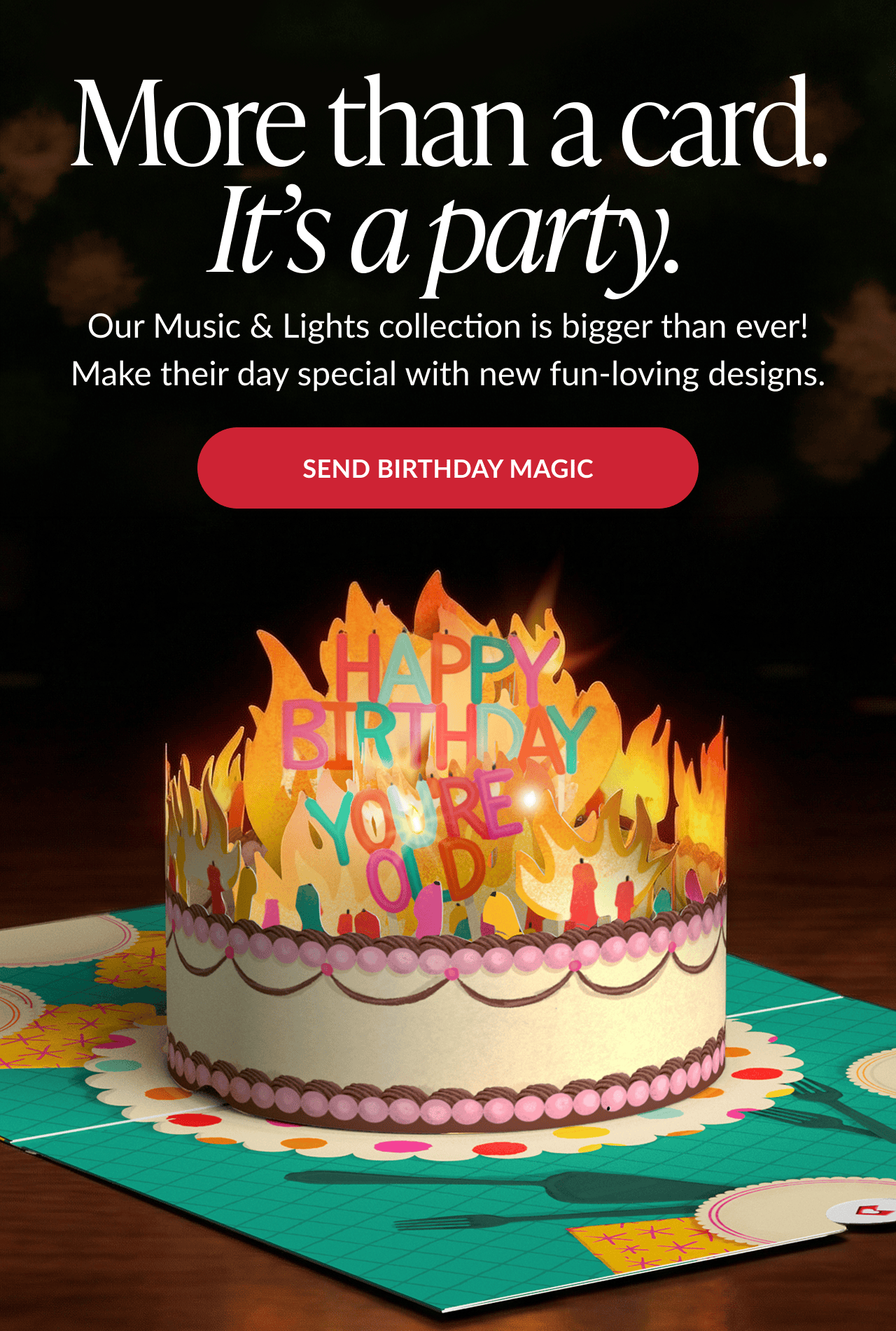 Birthday music and lights card — More than a card, it's a party hero banner