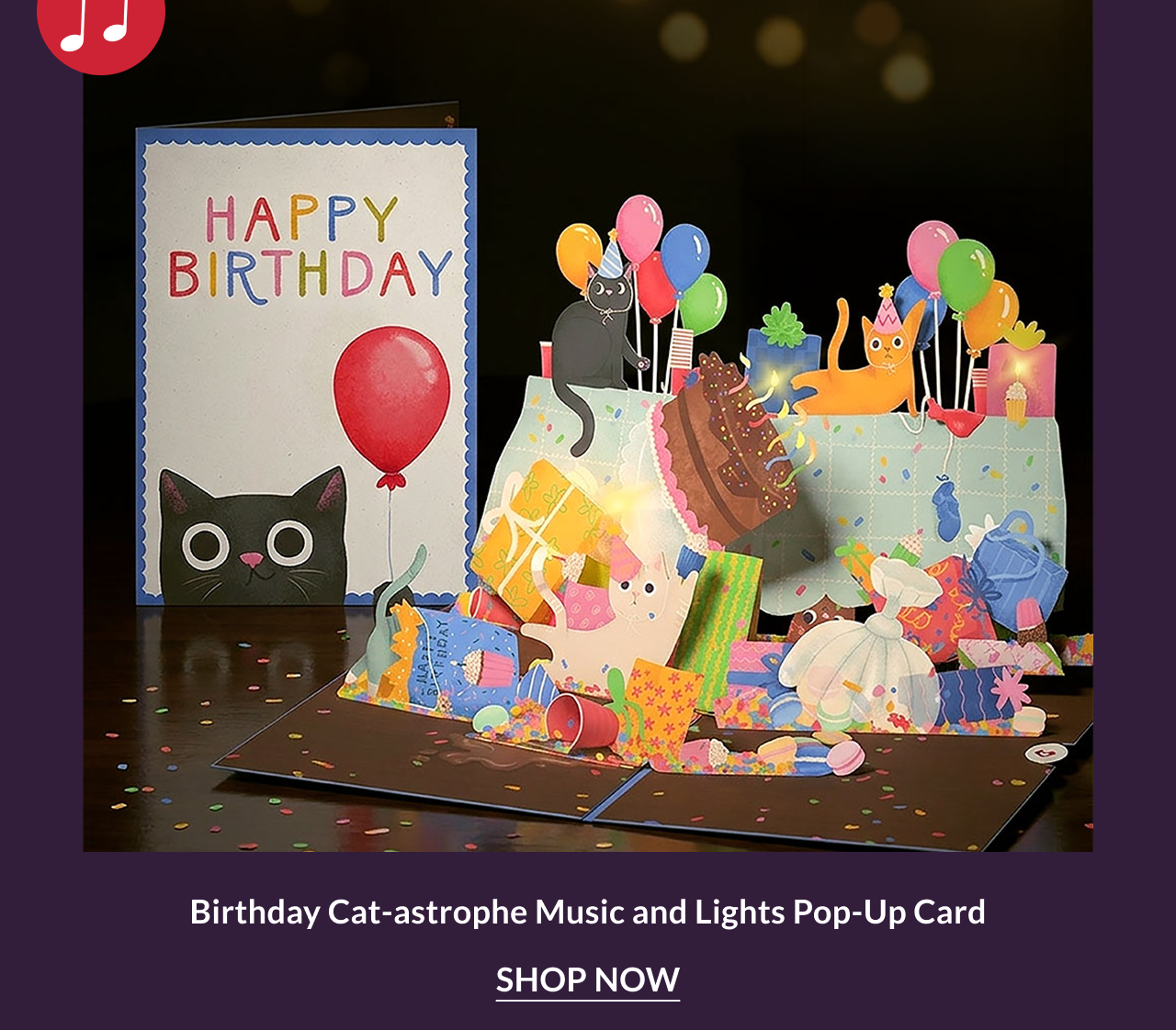 Birthday Cat-astrophe Music and Lights Pop-Up Card