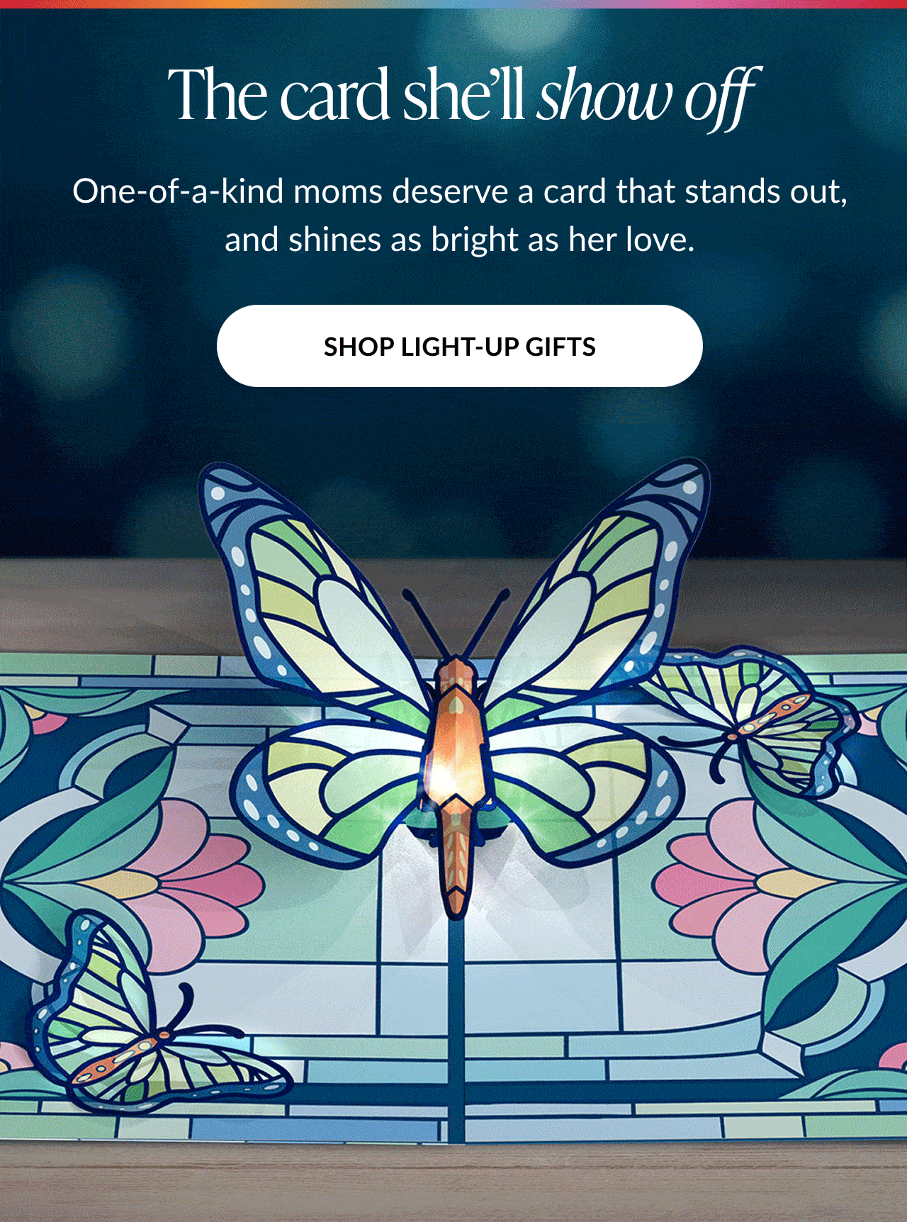 Mother's Day Light-Up and Music & Lights pop-up cards — butterfly, sunshine, vintage phone