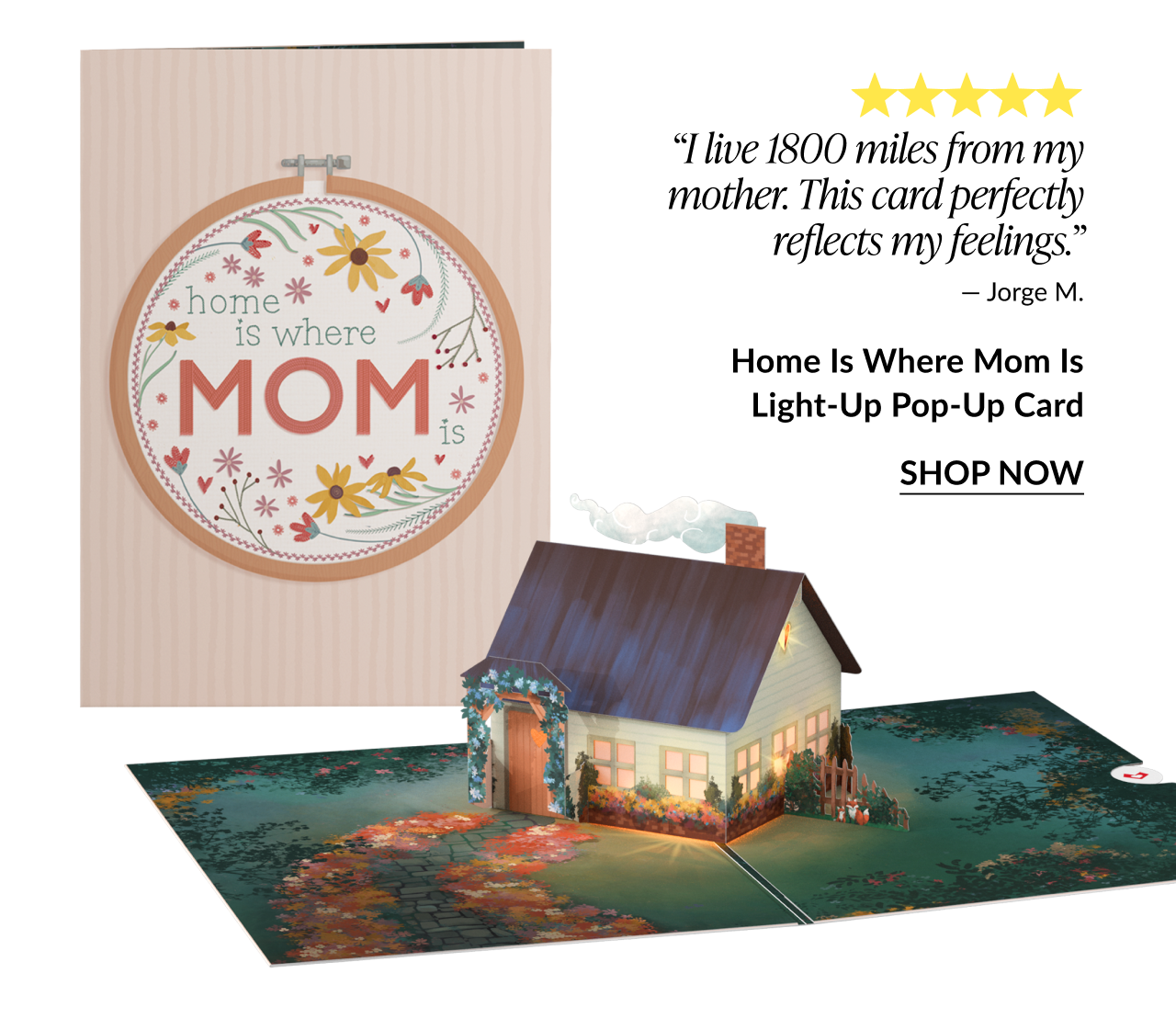 Home Is Where Mom Is light-up pop-up card with glowing house scene, 5-star review, shop now