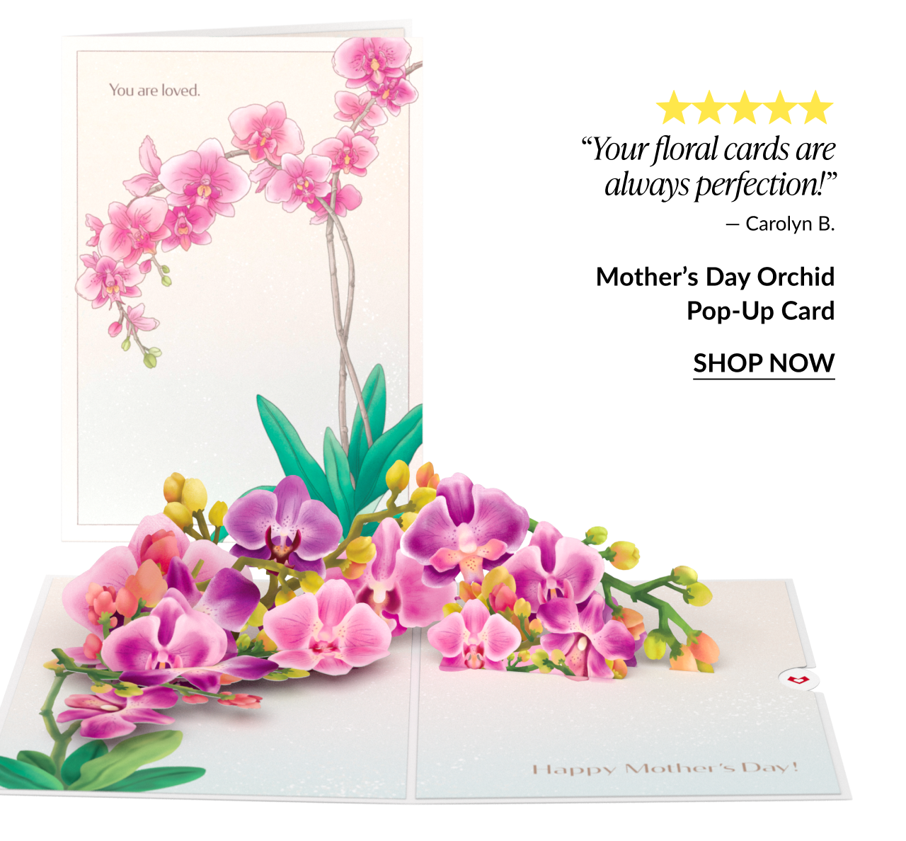Mother’s Day orchid pop-up card with pink floral design and 5-star review, shop now