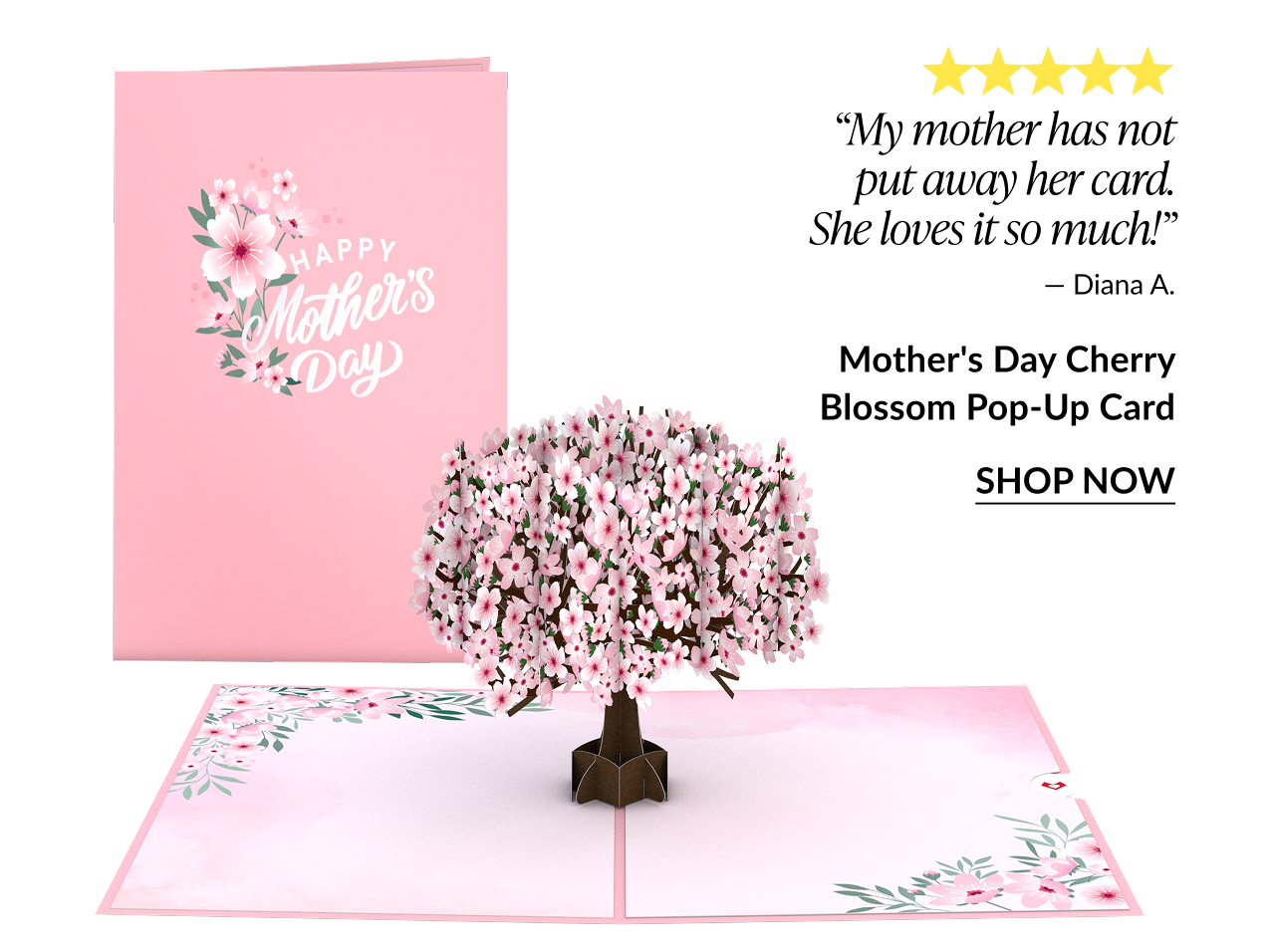 Mother’s Day cherry blossom pop-up card with blooming tree design and 5-star review, shop now