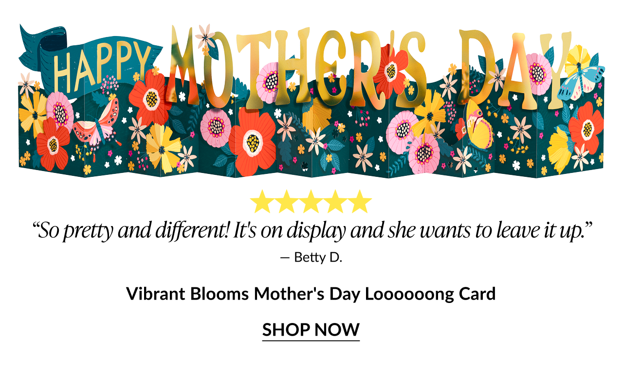Vibrant Blooms Mother’s Day long pop-up card with colorful flowers and butterflies, 5-star review, shop now