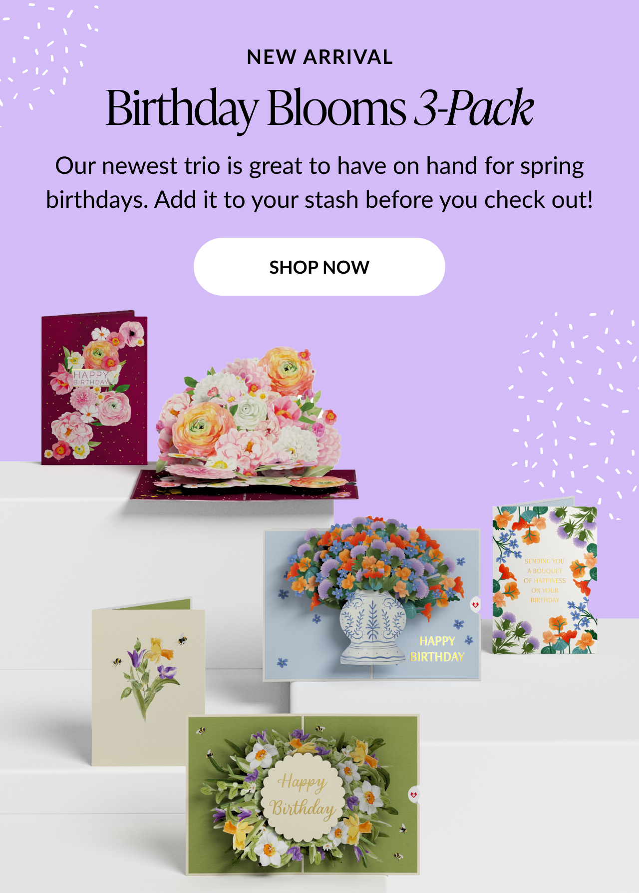 New arrival Birthday Blooms 3-pack pop-up cards, colorful floral designs for spring birthdays, shop now