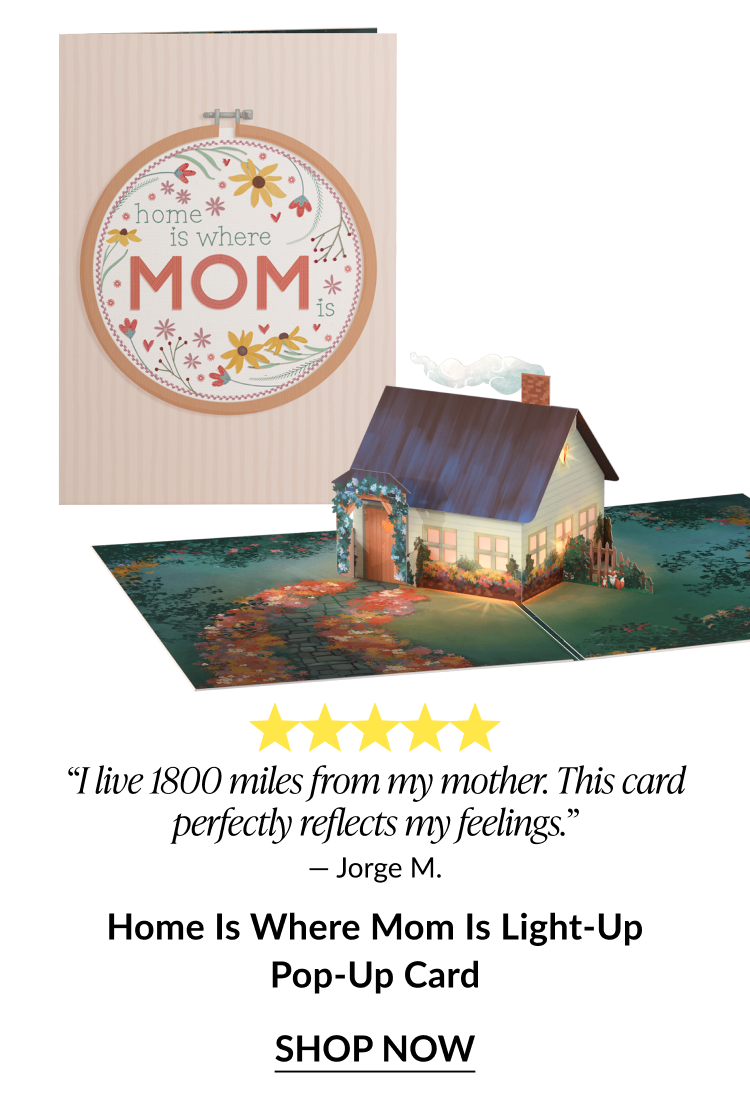 Home Is Where Mom Is light-up pop-up card with glowing house scene, 5-star review, shop now