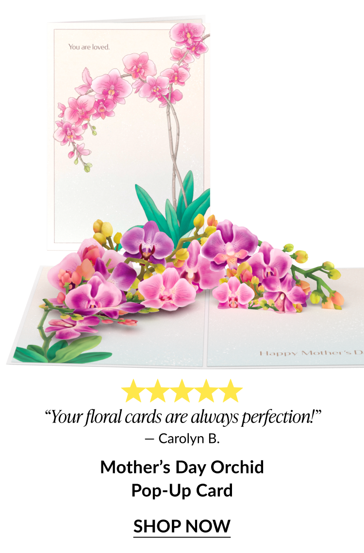 Mother’s Day orchid pop-up card with pink floral design and 5-star review, shop now