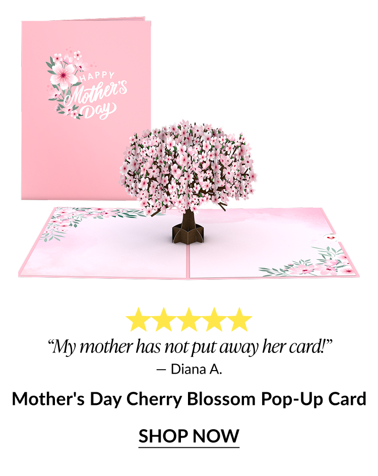Mother’s Day cherry blossom pop-up card with blooming tree design and 5-star review, shop now