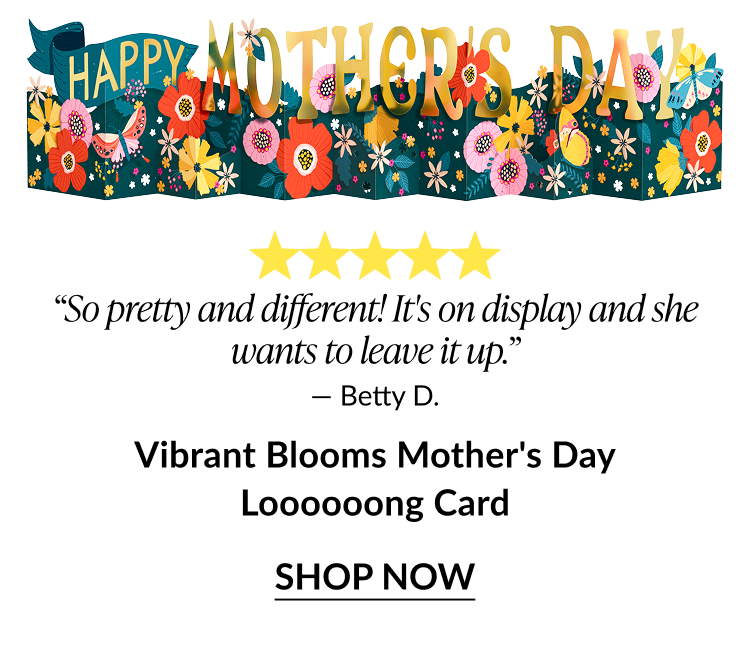 Vibrant Blooms Mother’s Day long pop-up card with colorful flowers and butterflies, 5-star review, shop now