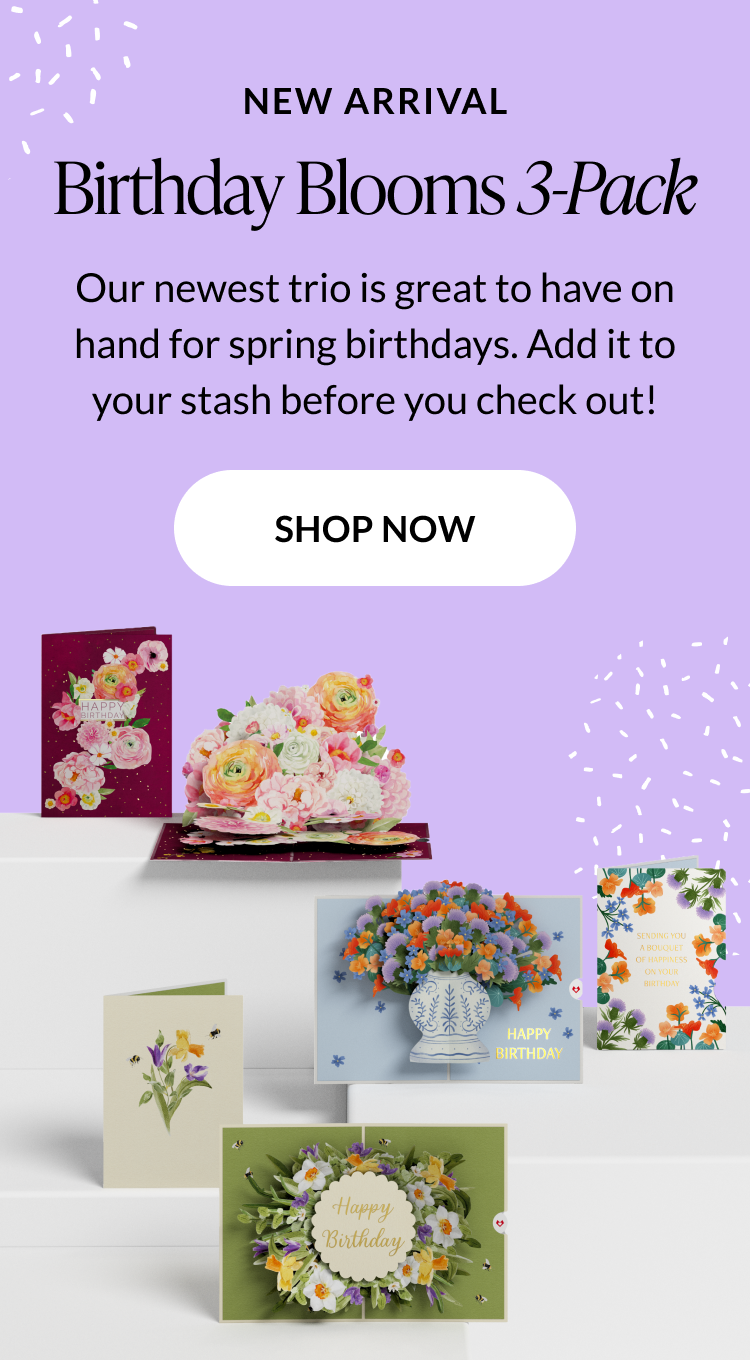 New arrival Birthday Blooms 3-pack pop-up cards, colorful floral designs for spring birthdays, shop now