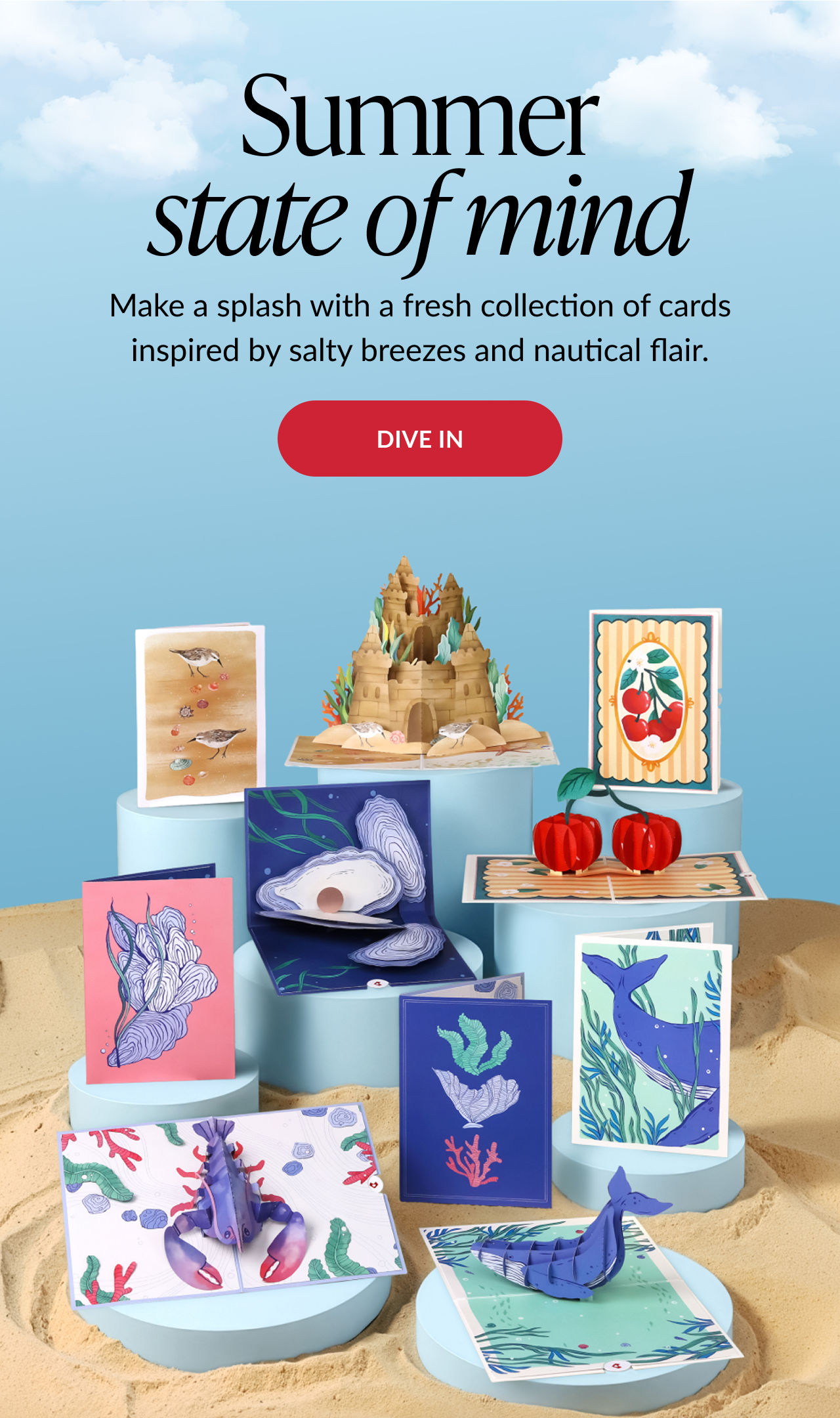 Coastal-themed pop-up cards featuring ocean and sea life designs — shop the collection