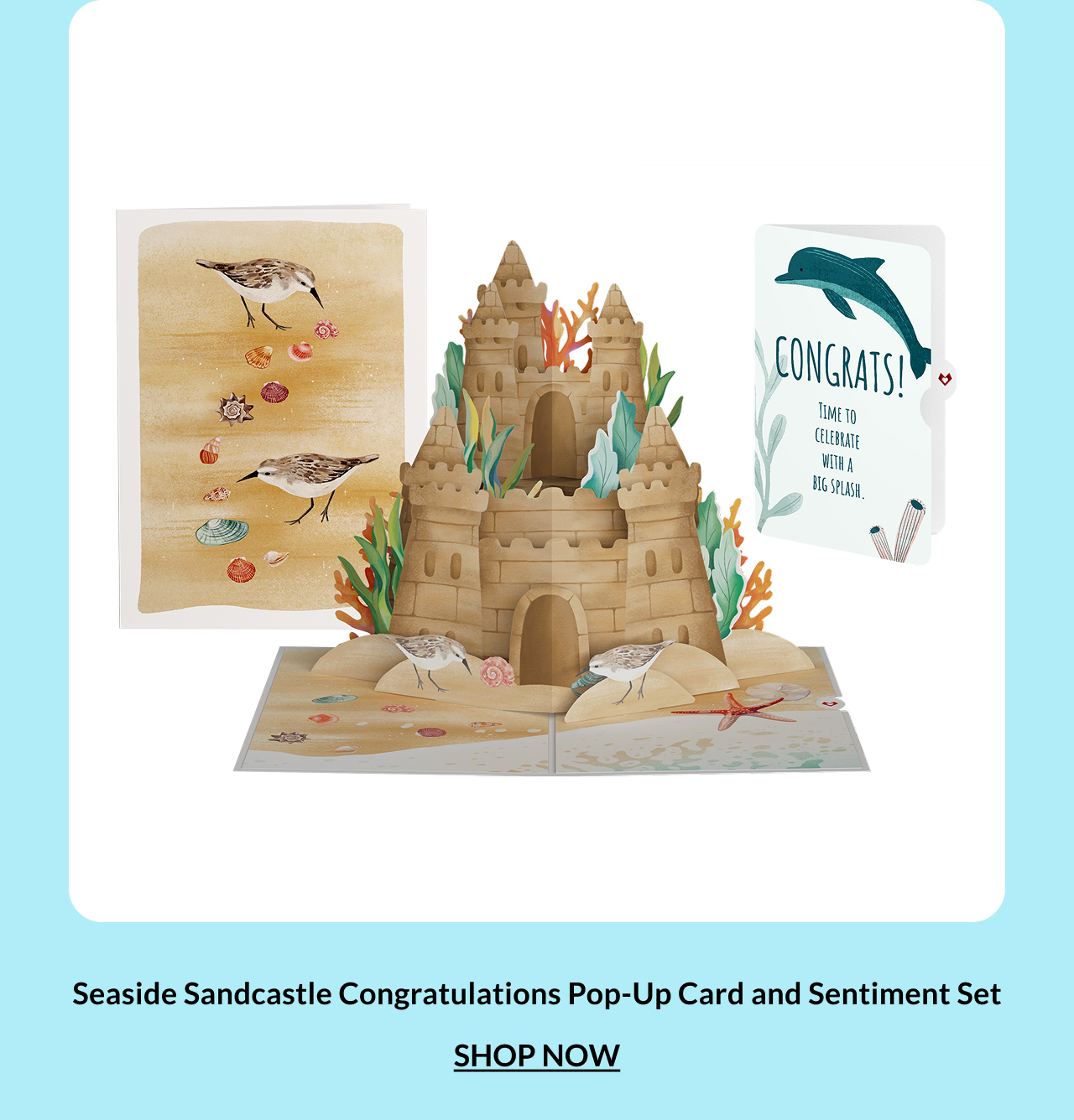 Seaside Sandcastle Congratulations Pop-Up Card and Sentiment Set — detailed beach sandcastle with a congratulations message