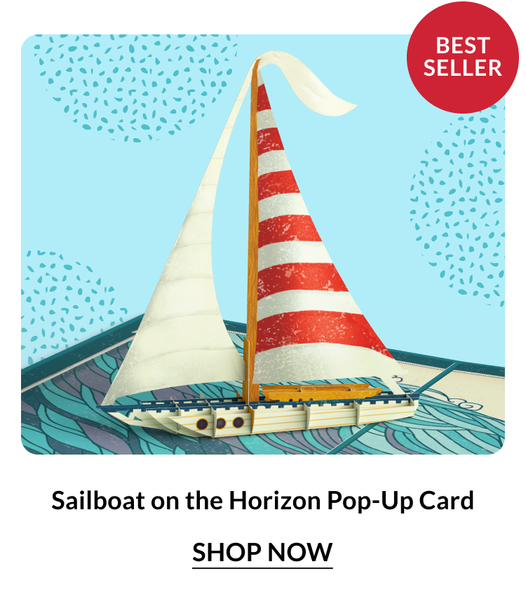 Sailboat on the Horizon Pop-Up Card — classic sailing vessel on open water at golden hour