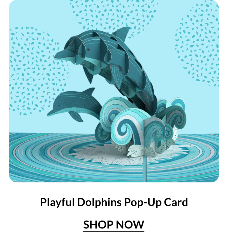 Playful Dolphins Pop-Up Card — dolphins leaping through ocean waves