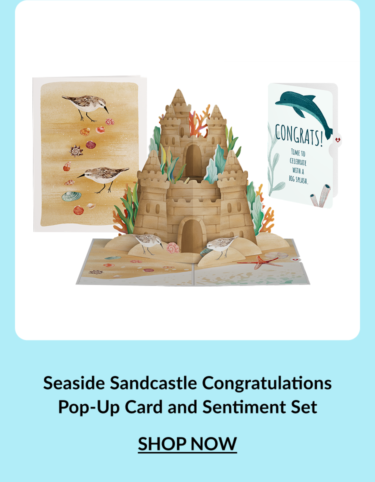 Seaside Sandcastle Congratulations Pop-Up Card and Sentiment Set — detailed beach sandcastle with a congratulations message
