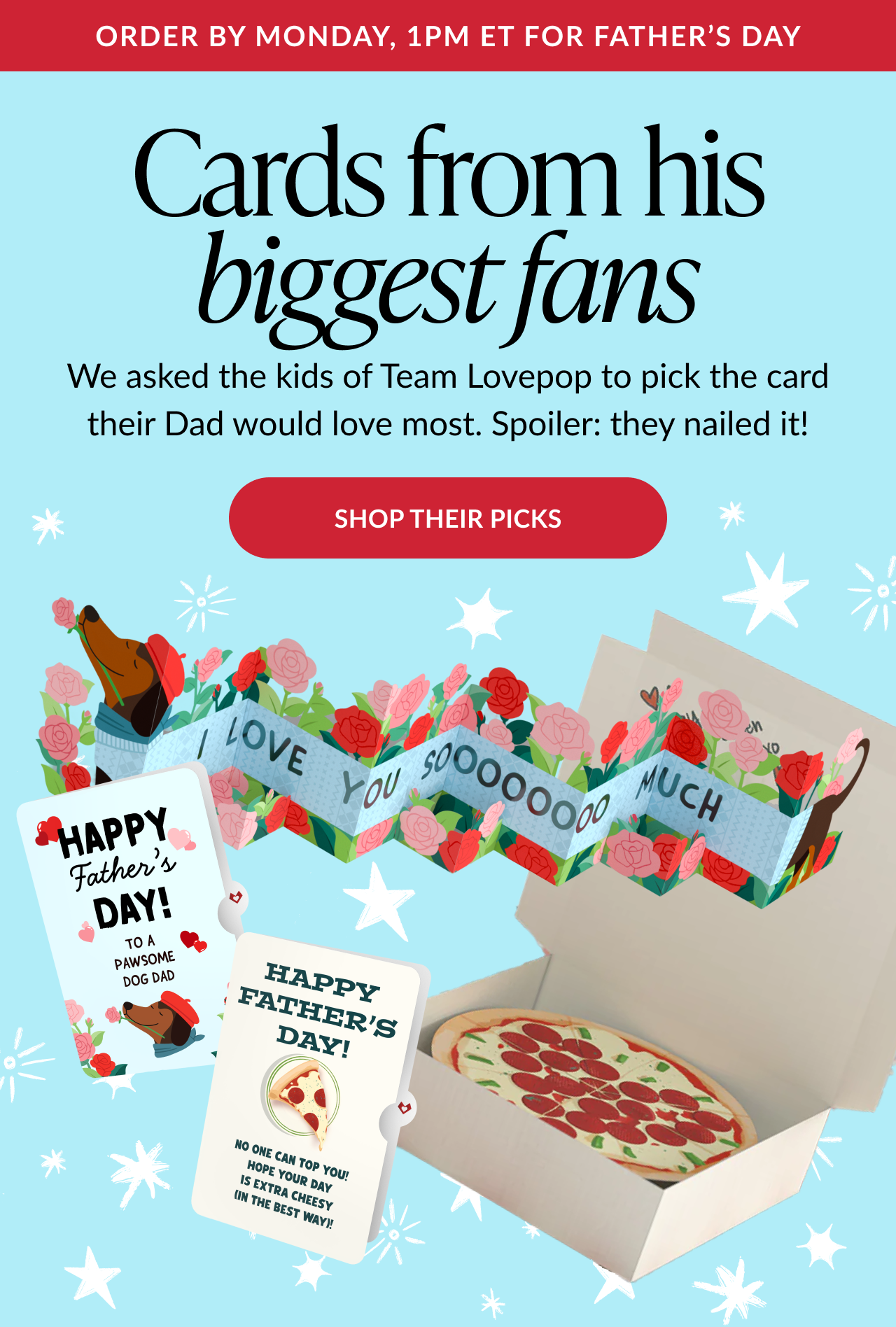 Father's Day cards and gifts featuring dog, pizza, baseball, pirate ship, and trophy designs