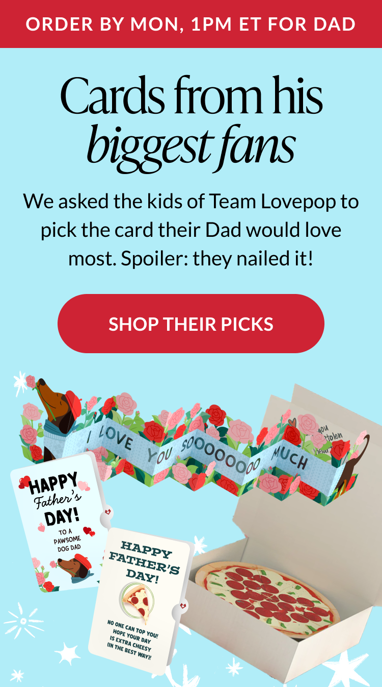 Father's Day cards and gifts featuring dog, pizza, baseball, pirate ship, and trophy designs