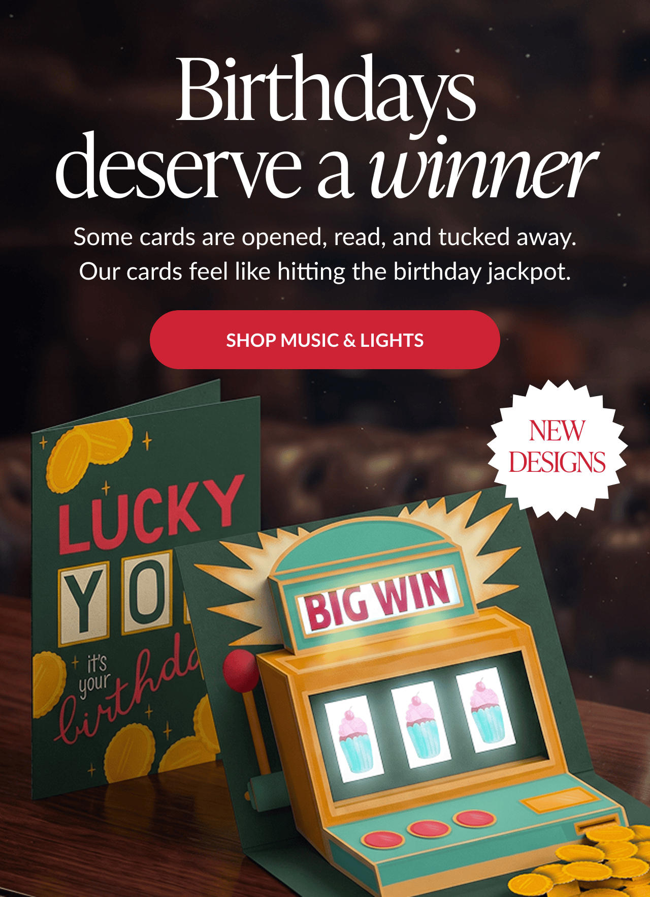 Birthday music and light-up pop-up cards
