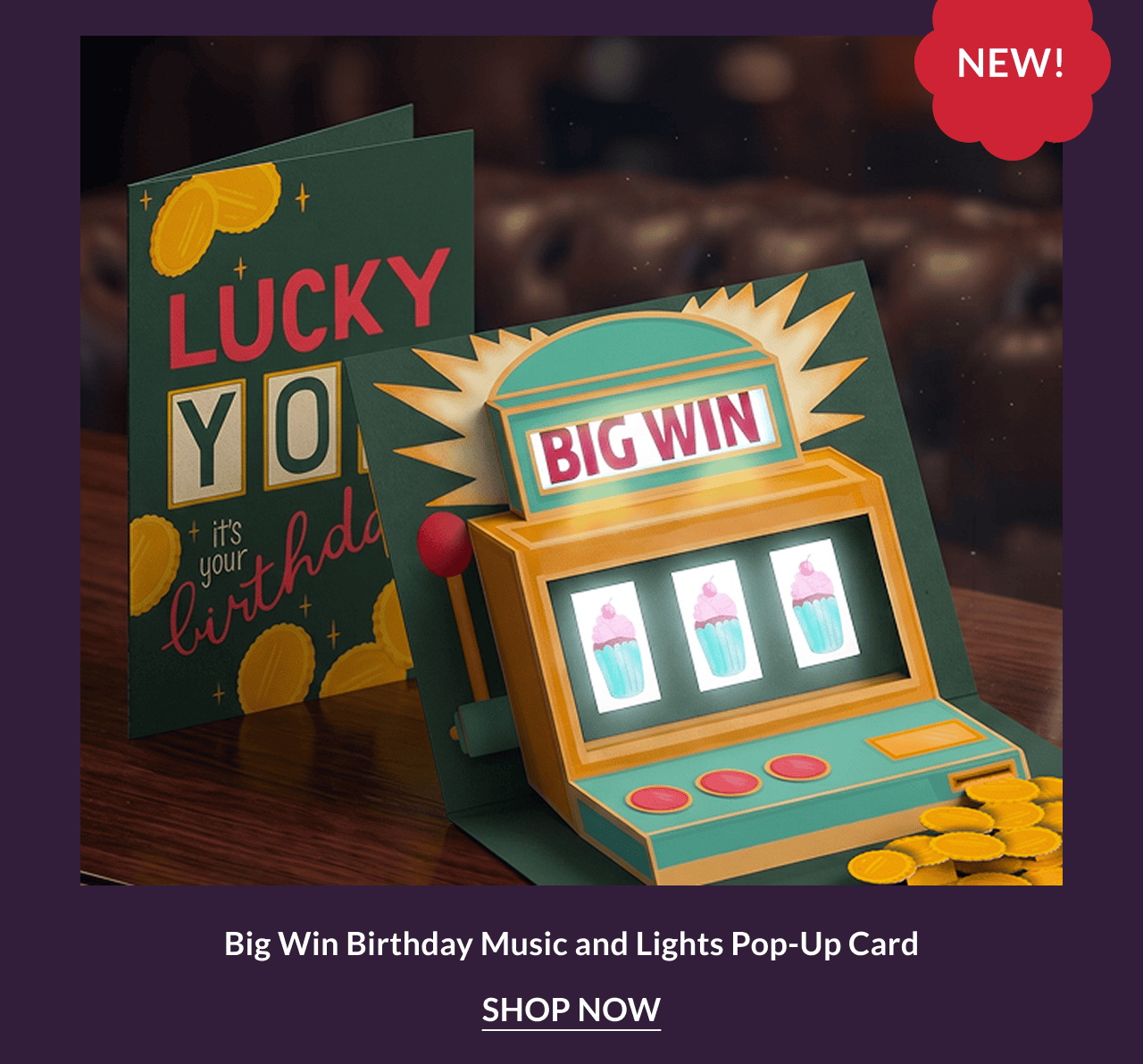 Big Win Birthday music and lights pop-up card