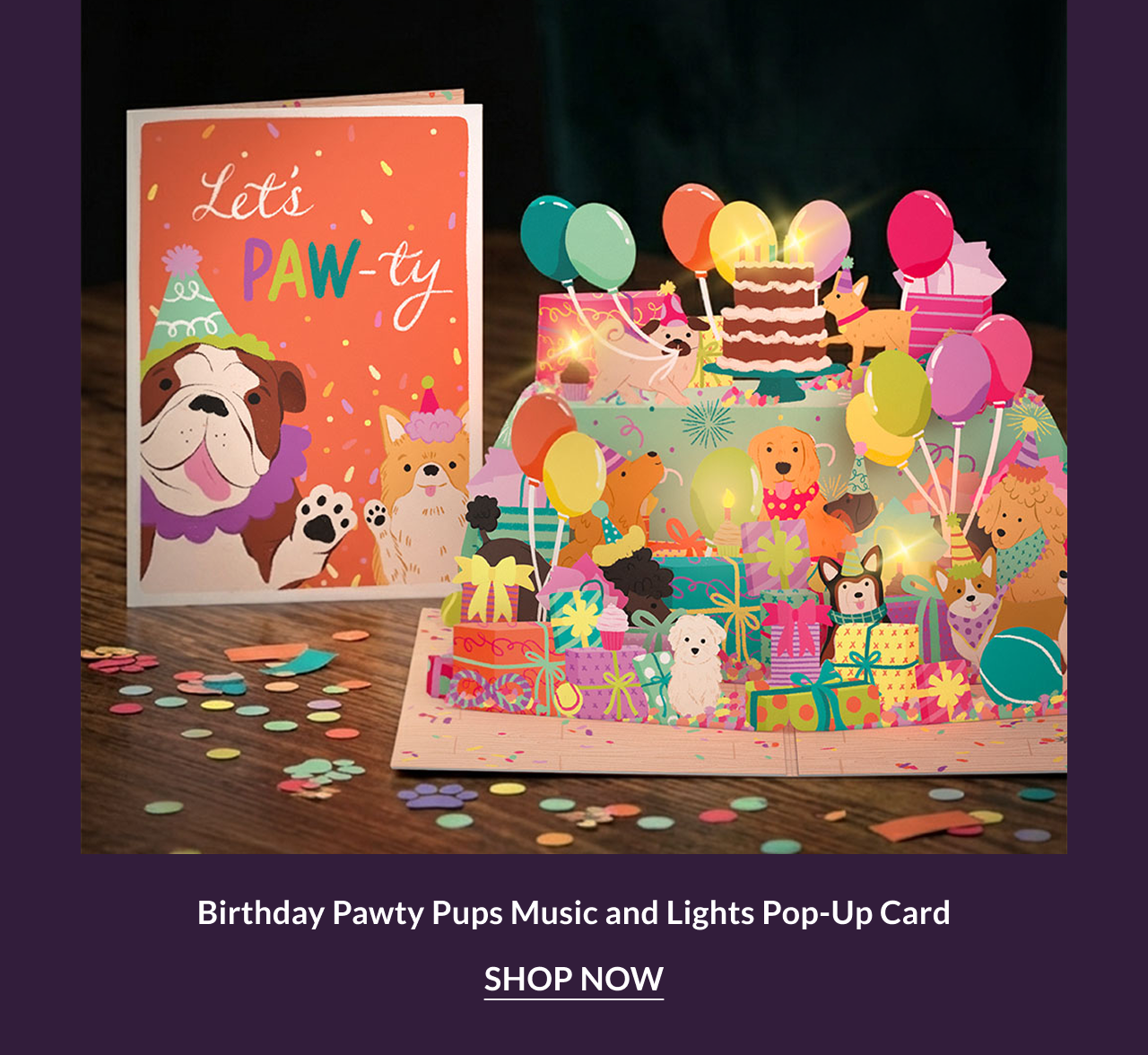 Birthday Pawty Pups music and lights pop-up card