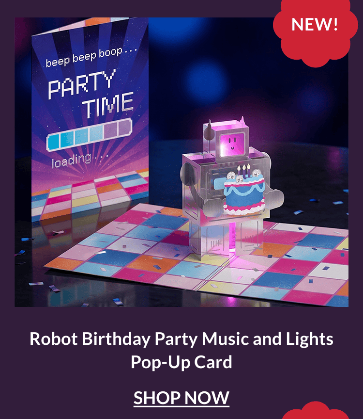 Robot Birthday Party music and lights pop-up card