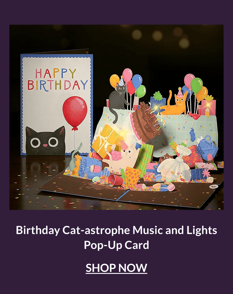 Birthday Cat-astrophe music and lights pop-up card