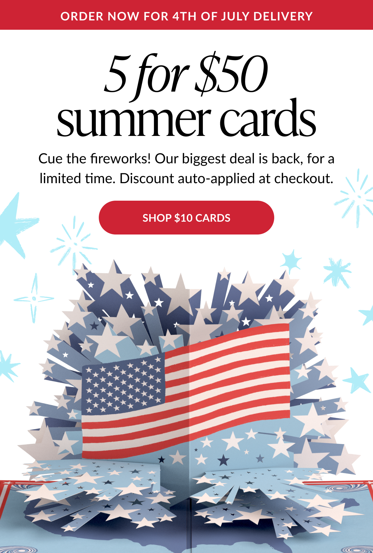 Shop 5 for $50 summer Americana pop-up cards.