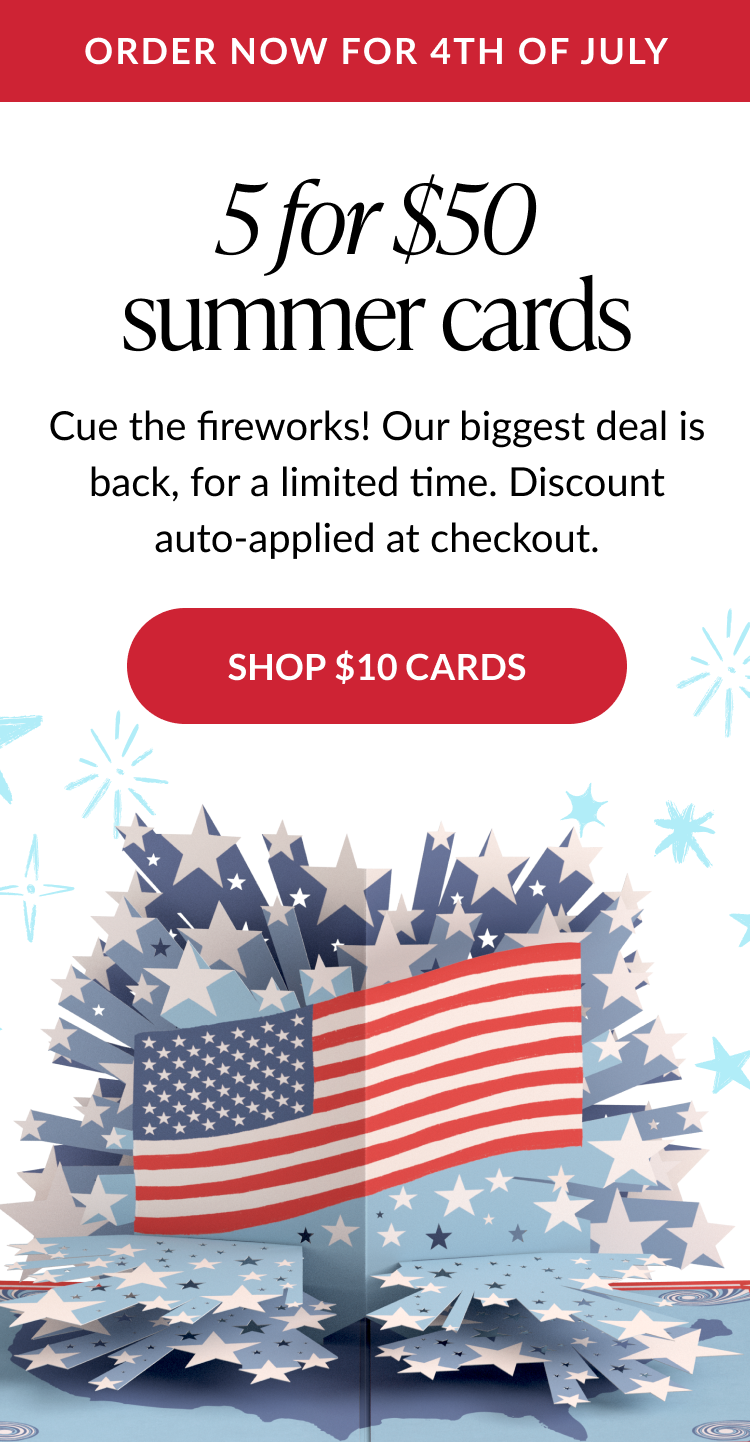 Shop 5 for $50 summer Americana pop-up cards.