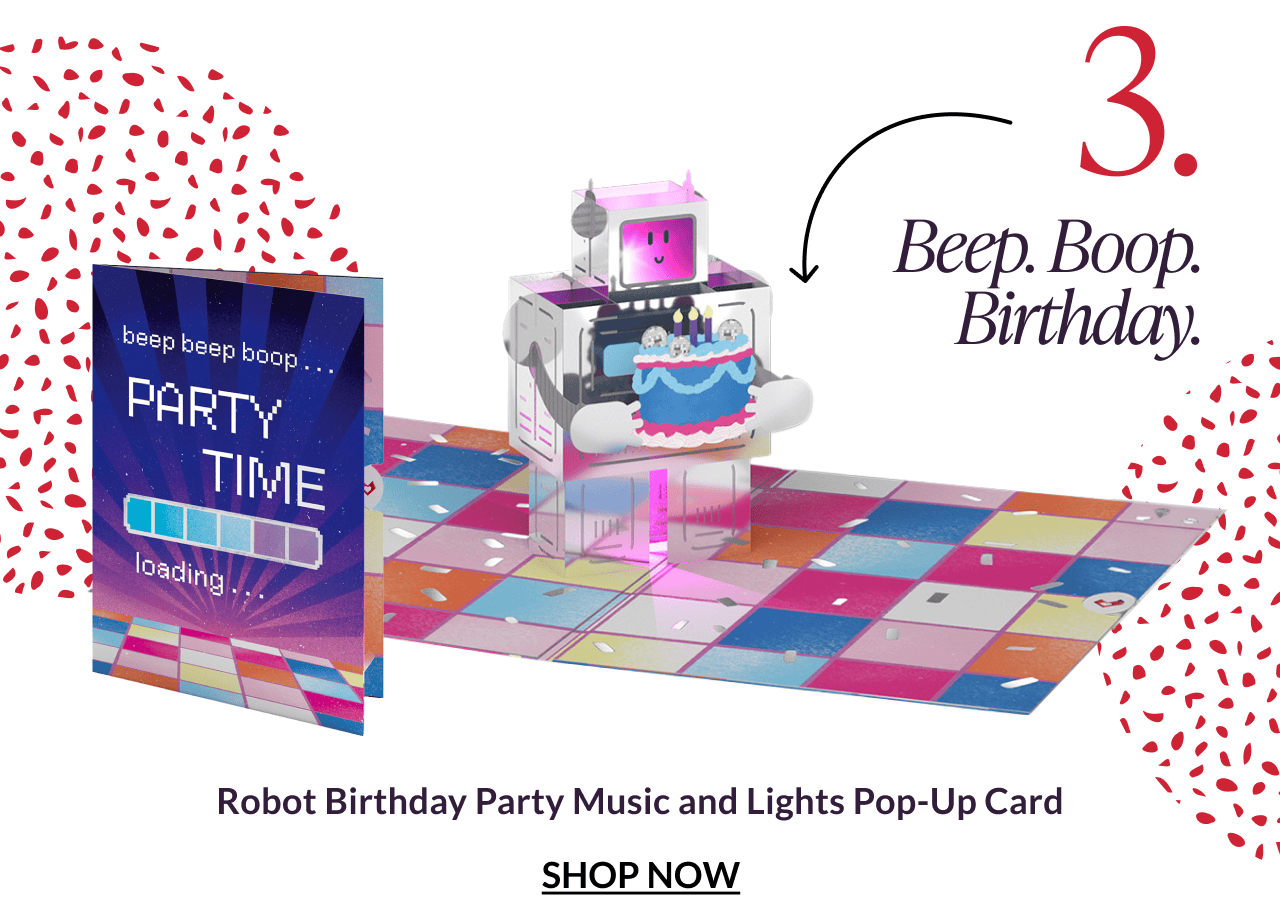 Robot Birthday Party Music and Lights Pop-Up Card.