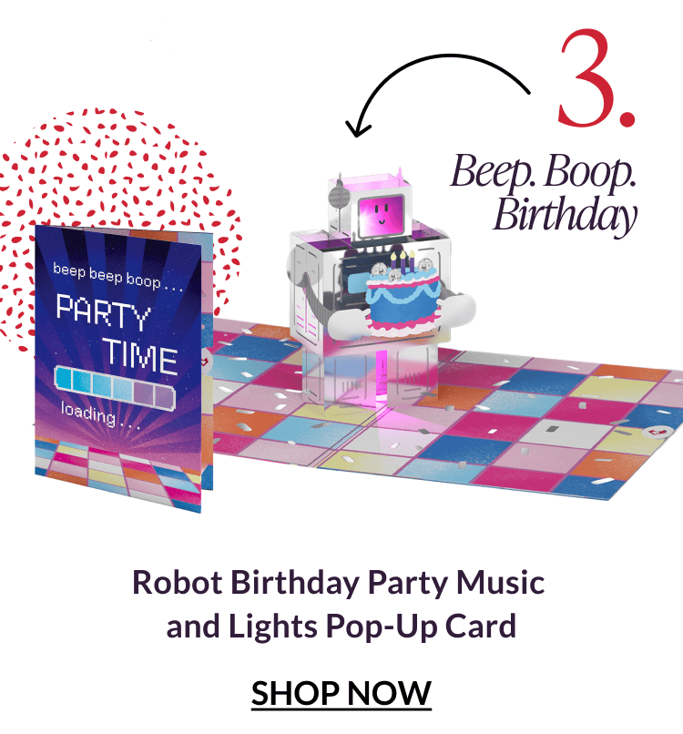 Robot Birthday Party Music and Lights Pop-Up Card.