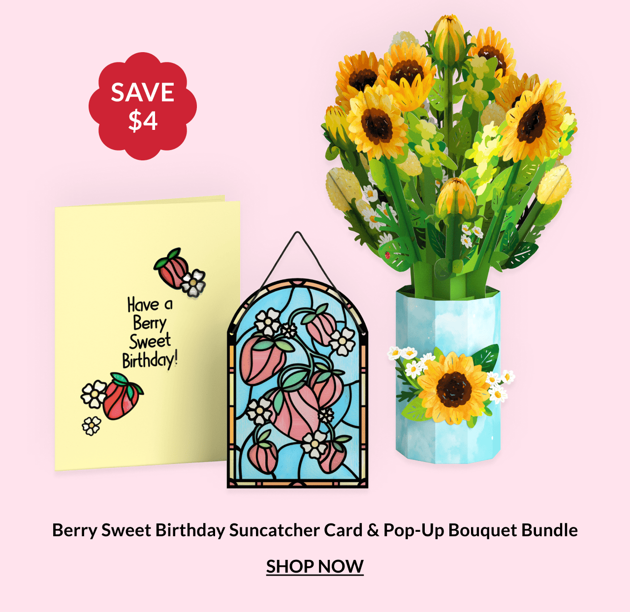 Berry Sweet Birthday suncatcher card and pop-up bouquet bundle