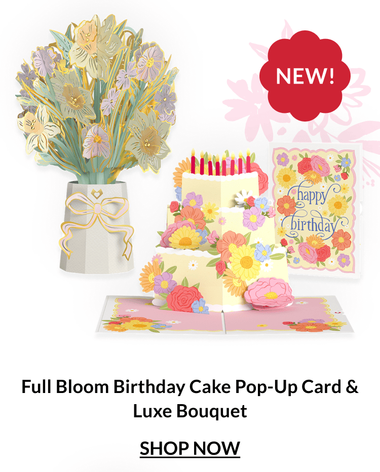 Full Bloom Birthday Cake pop-up card and luxe bouquet bundle