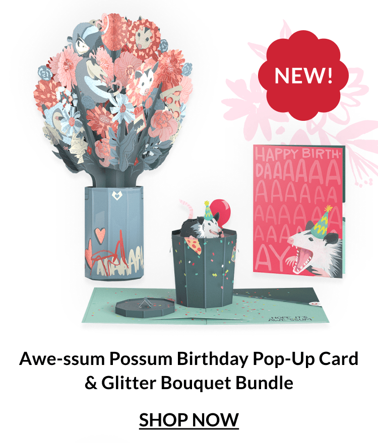 Awe-ssum Possum Birthday pop-up card and glitter bouquet bundle