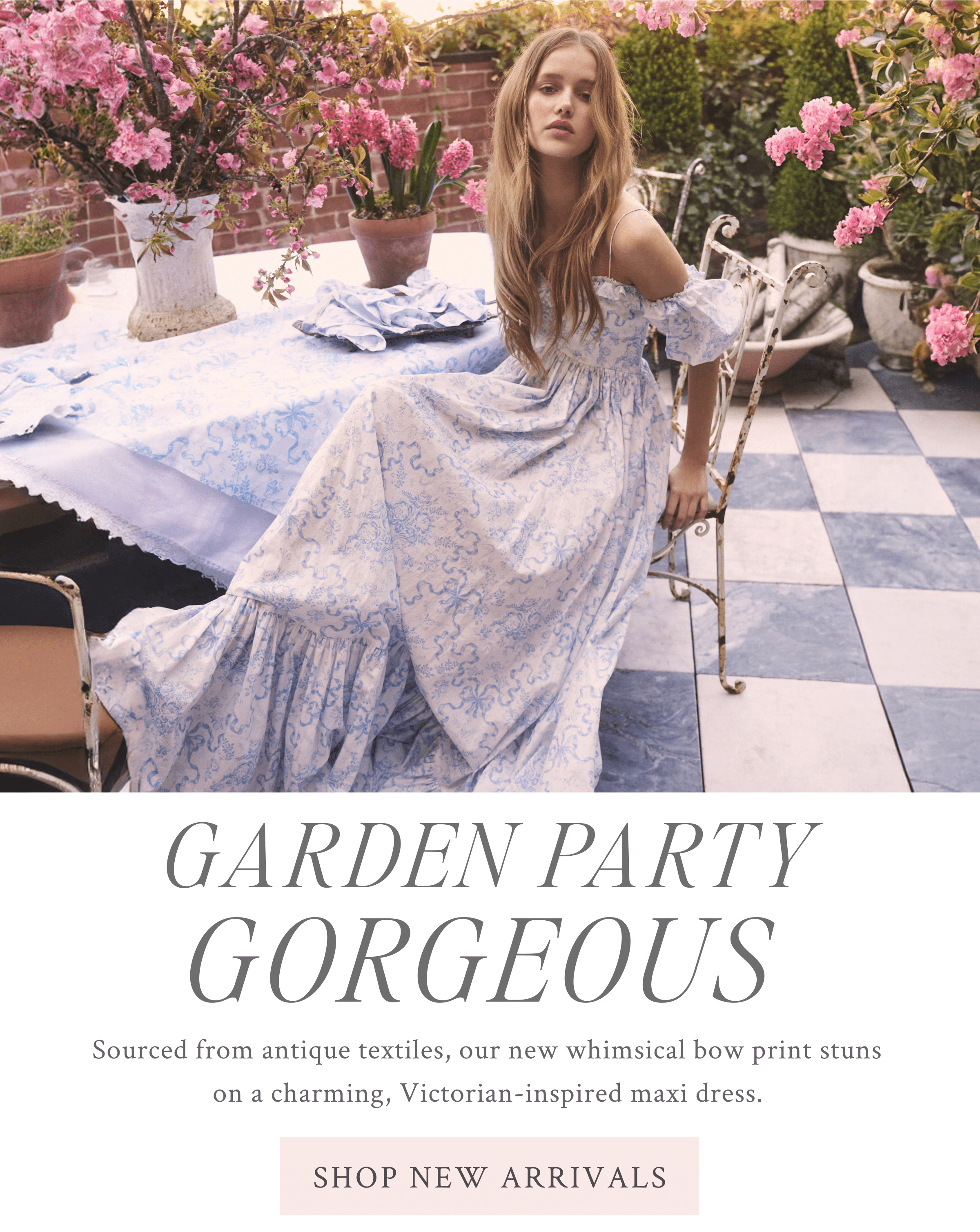 Garden party gorgeous. Sourced from antique textiles, our new whimsical bow print stuns  on a charming, Victorian-inspired maxi dress.